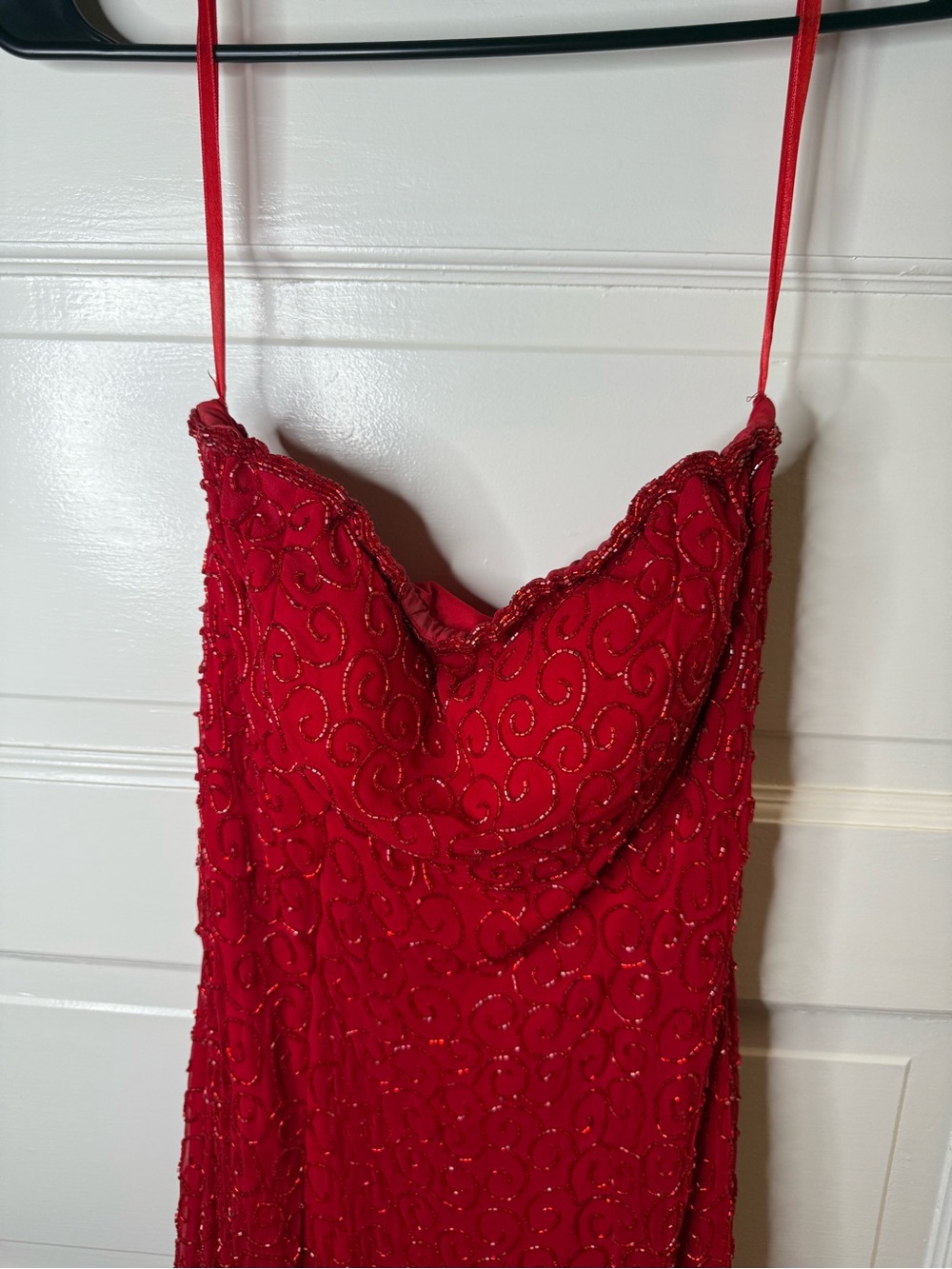 Red Beaded Strapless Evening Dress